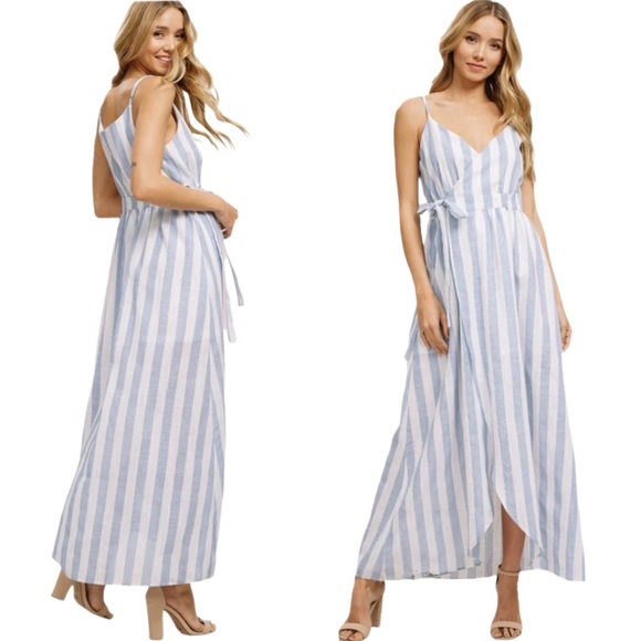 Listicle Striped Linen Wrap Sleeveless Maxi Dress LARGE - Picture 2 of 8